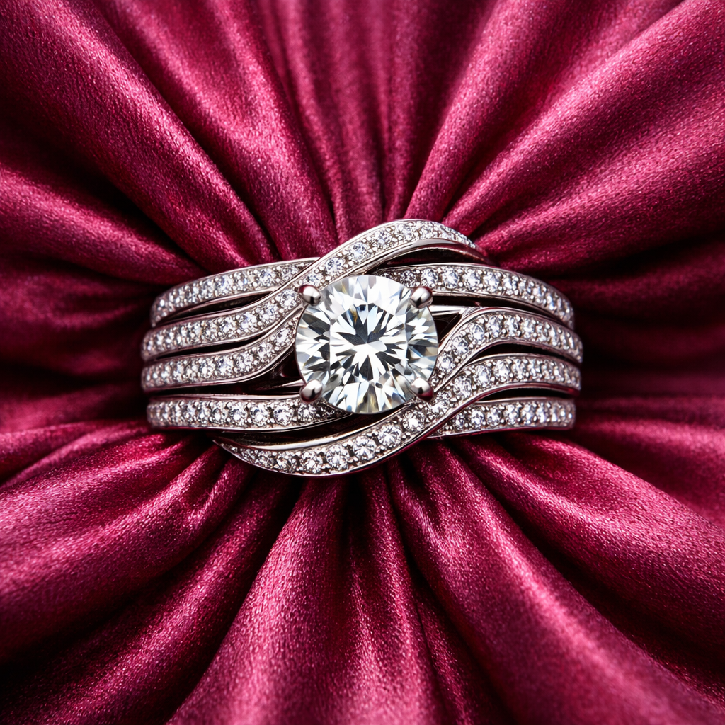 Diamond ring arranged on rich ruby silk for a jewellery campaign