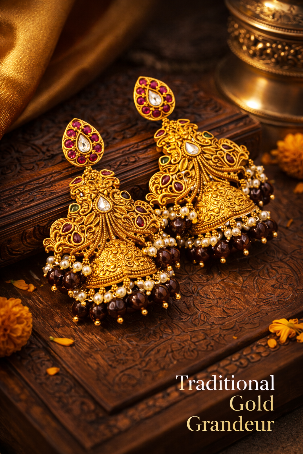 Traditional gold earrings in a warm heritage-inspired composition